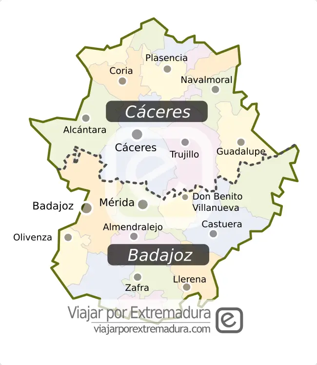 Mapa de Extremadura - Provincias Cáceres / Badajoz