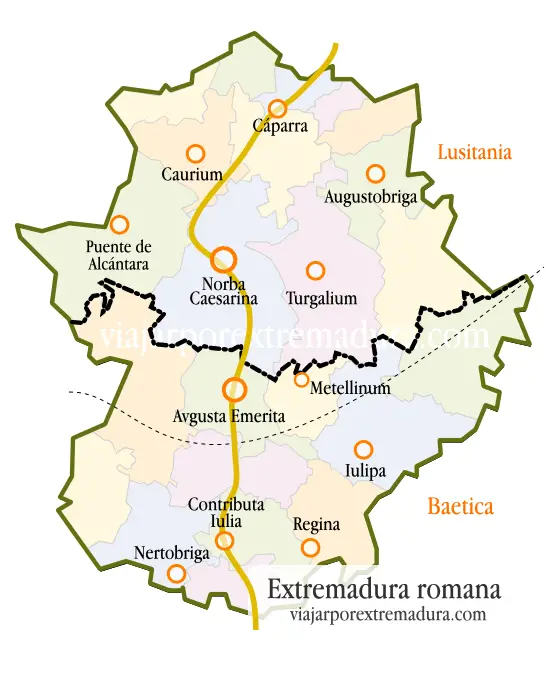 Mapa orientativo de la Extremadura romana