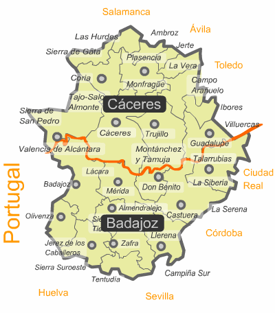 Mapa de Extremadura - Oficinas de Turismo