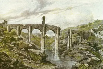 Litografía de Serra-Casals mostrando los daños en el Puente de Alcántara tras la Guerra de la Independencia.