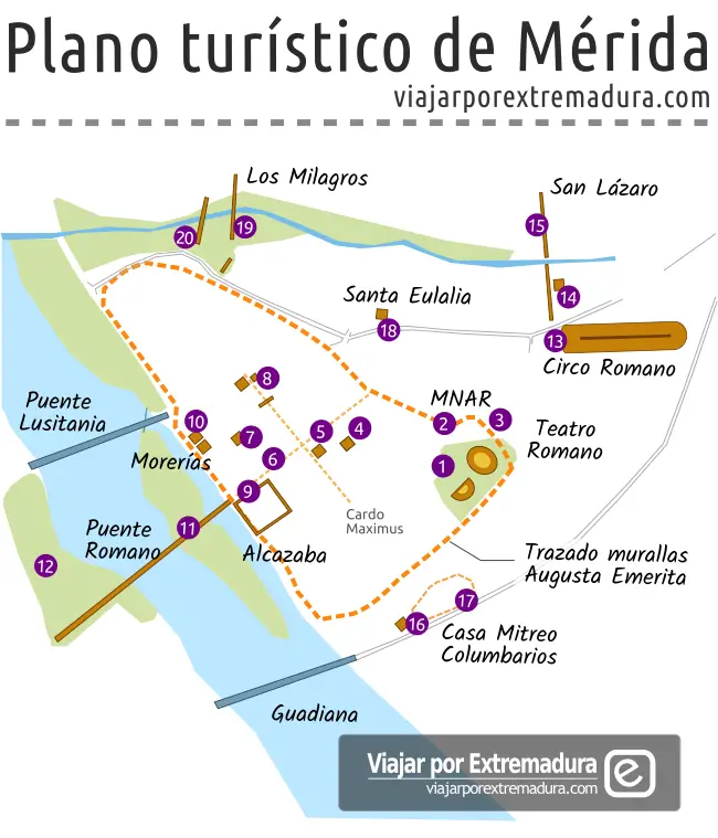 Plano con monumentos de Mérida - Extremadura