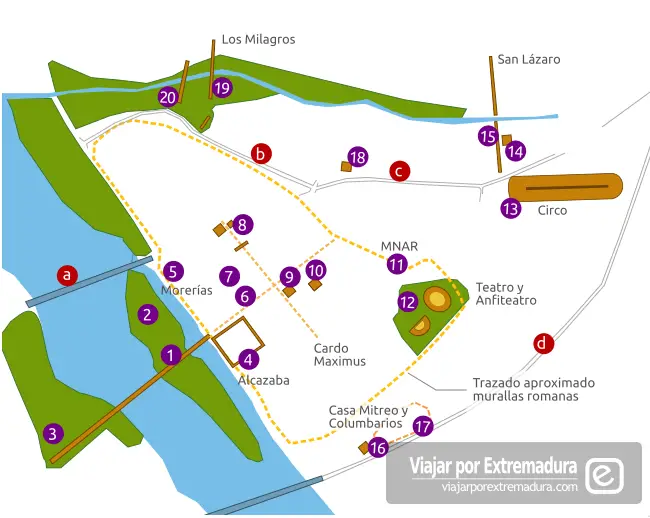 Plano con monumentos de Mérida - Extremadura