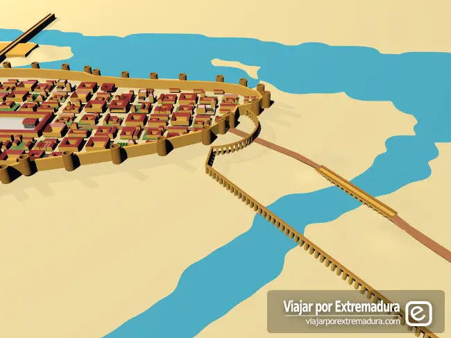 Representación del trazado original del Acueducto de los Milagros en Mérida